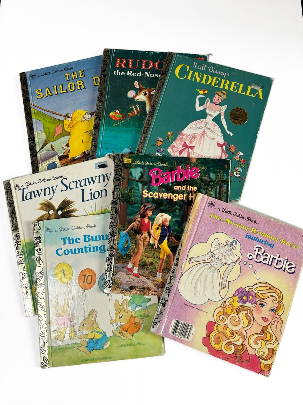 Vintage Little Golden Book Bundle Lot Barbie Cinderella Rudolph Tawny Sailor Dog